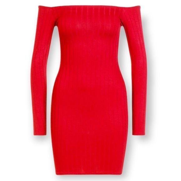BOOHOO RED RIBBED OFF-THE-SHOULDER BODYCON DRESS - Picture 4 of 13